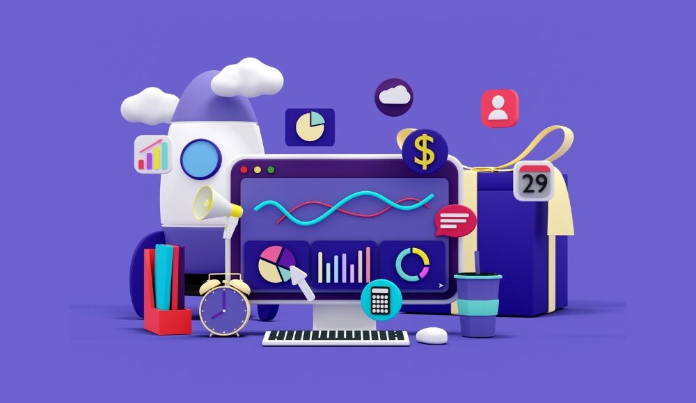 Computer monitor displaying a website ranking report with a rocket and megaphone on a purple background. This image represents tools to monitor SEO rank.