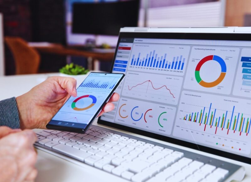 AdWords Manager analysing ROI on laptop and smartphone with various graphs and charts displayed, improving digital marketing results.