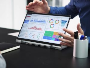 AdWords Manager presenting ad performance metrics on a laptop, showcasing various graphs and charts for digital marketing optimisation.