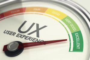 Gauge indicating "UX USER EXPERIENCE" pointing to "EXCELLENT," illustrating the impact of AI on enhancing user experience.