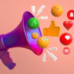 Small business and social media concept with a purple megaphone and floating social media icons on a pink background.