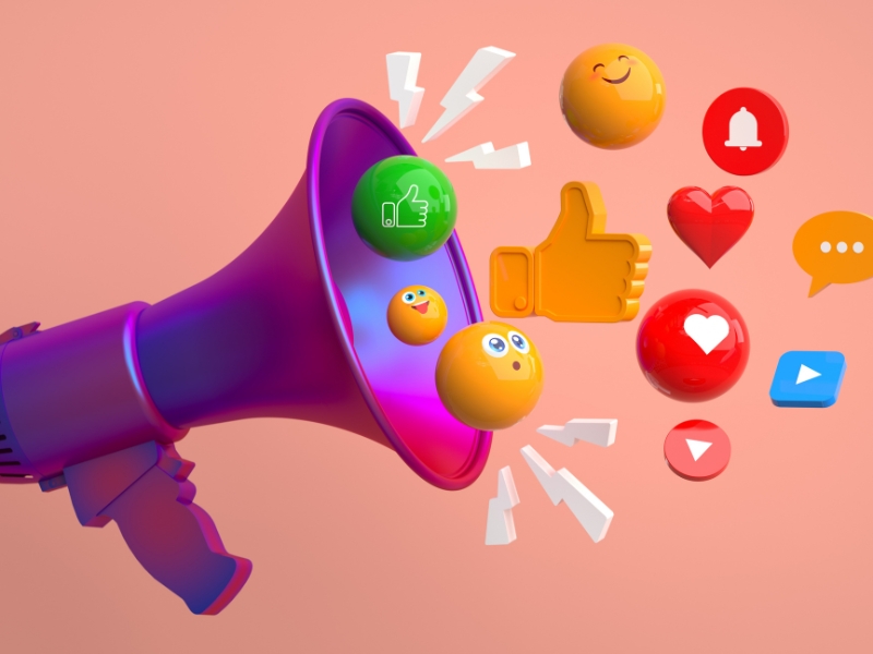 Small business and social media concept with a purple megaphone and floating social media icons on a pink background.