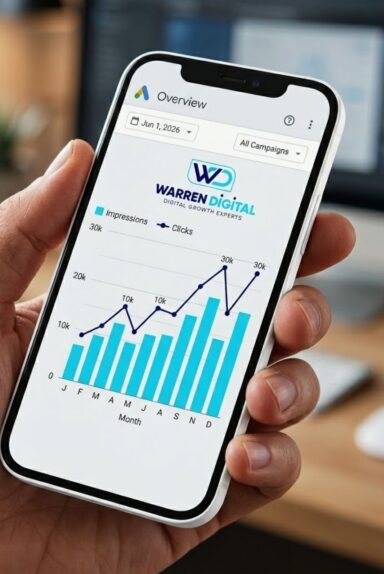 Google Ads agency dashboard showing impressions and clicks on mobile