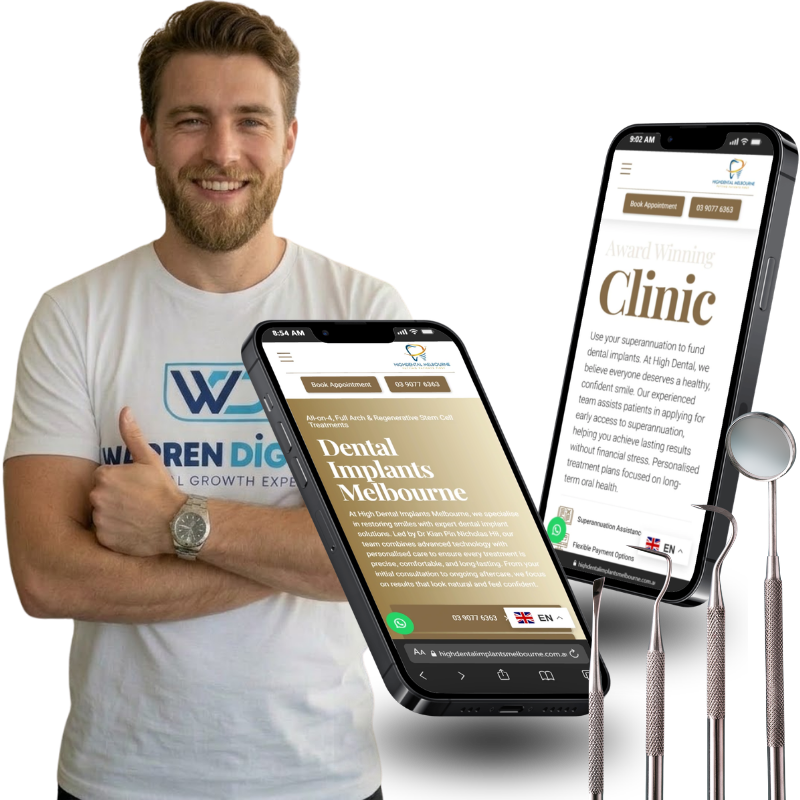 Warren Digital case study image showing High Dental Implants Melbourne website on mobile screens