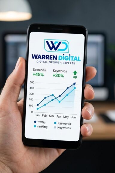 Phone screen showing SEO campaign results with traffic and keyword growth