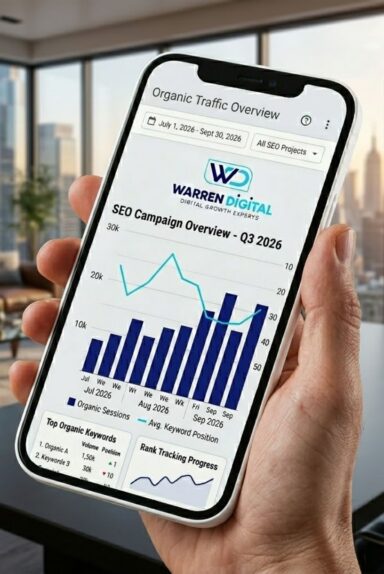 Mobile SEO dashboard showing organic traffic and keyword tracking results