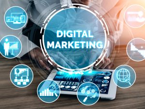 Digital marketing agency strategies to boost Google Ads metrics, with icons displaying campaign performance and analytics on tablet.