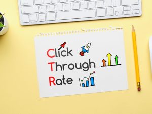 A Google Ads performance report showing key metrics like click-through rate, represented by a rocket and upward arrows.