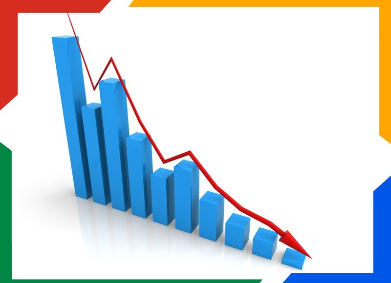 Declining bar graph with a red trend line, representing ad fatigue and its negative impact on Google Ads performance.
