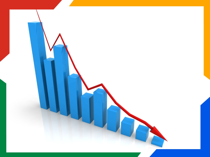 Declining bar graph with a red trend line, representing ad fatigue and its negative impact on Google Ads performance.