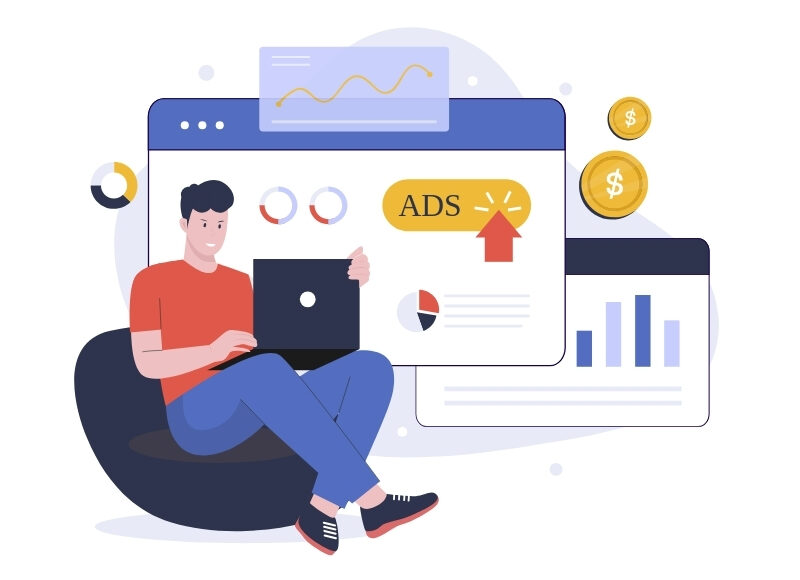 A man working on a laptop, optimising dynamic search ads for increased revenue, as shown by the rising arrow and dollar coins.