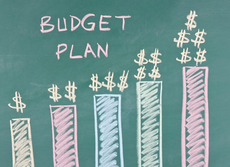 Colourful bar chart on chalkboard showing growing budget plan for daily budget Google Ads strategy.