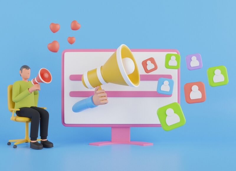 3D person with megaphone beside screen showing icons and hearts, representing managing Google Ads campaigns online.