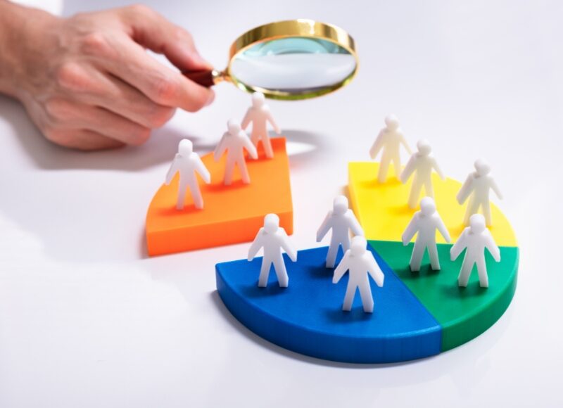 A hand with a magnifying glass examines a pie chart showing audience segmentation with small figures on each slice.