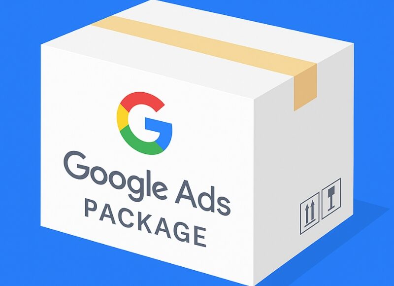 Illustration of a box labeled google ads agency packages, symbolizing bundled digital marketing services.