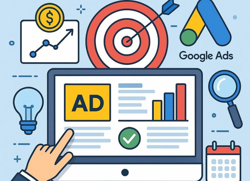 Illustration of a Google Ads dashboard with graphs, money icons, and magnifying glass reflecting a google ads marketing strategy.