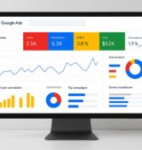 Monitor displaying performance metrics dashboard for google ads agency packages including impressions, clicks, cost, and campaign insights.