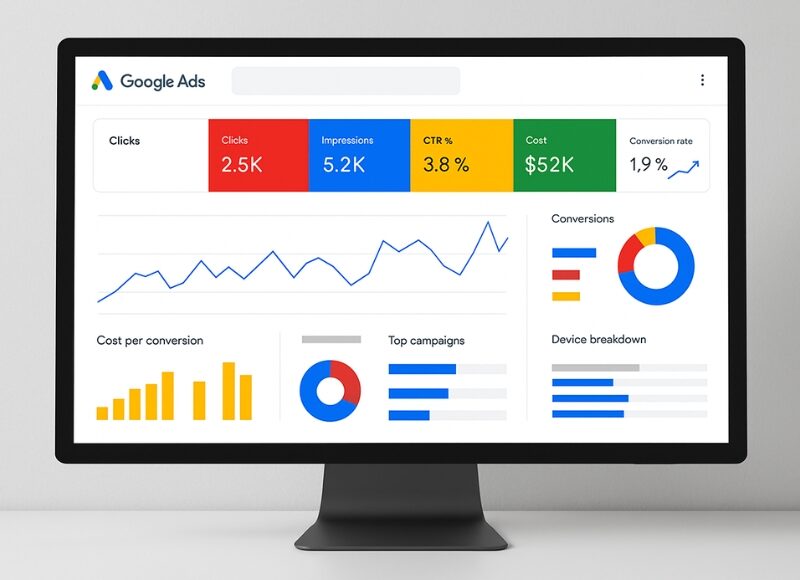 Monitor displaying performance metrics dashboard for google ads agency packages including impressions, clicks, cost, and campaign insights.