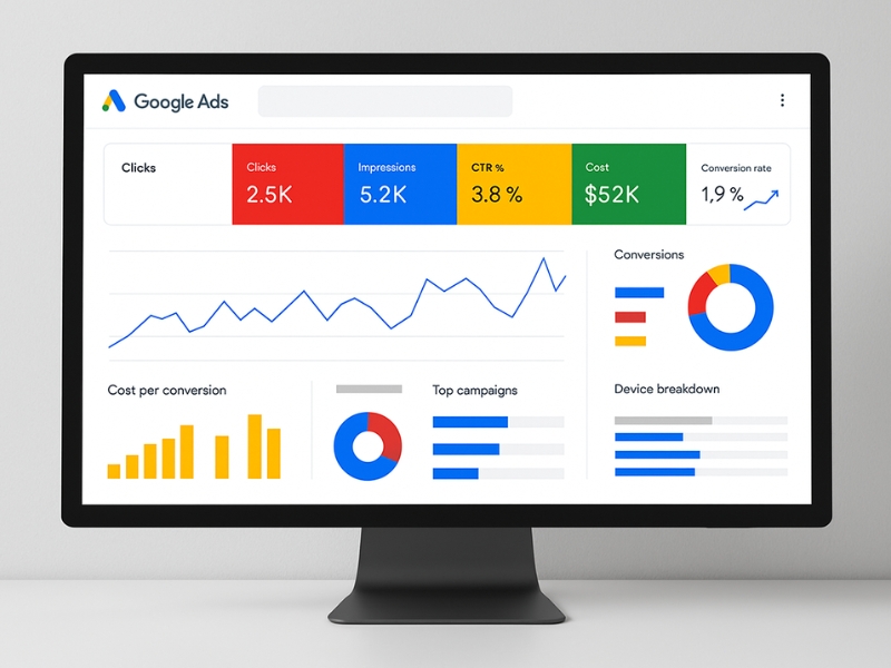 Monitor displaying performance metrics dashboard for google ads agency packages including impressions, clicks, cost, and campaign insights.