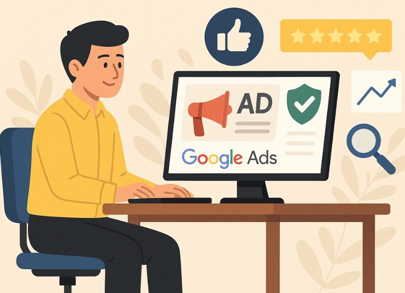 Person analysing ad quality on Google Ads interface with icons of ratings, likes, and performance metrics.