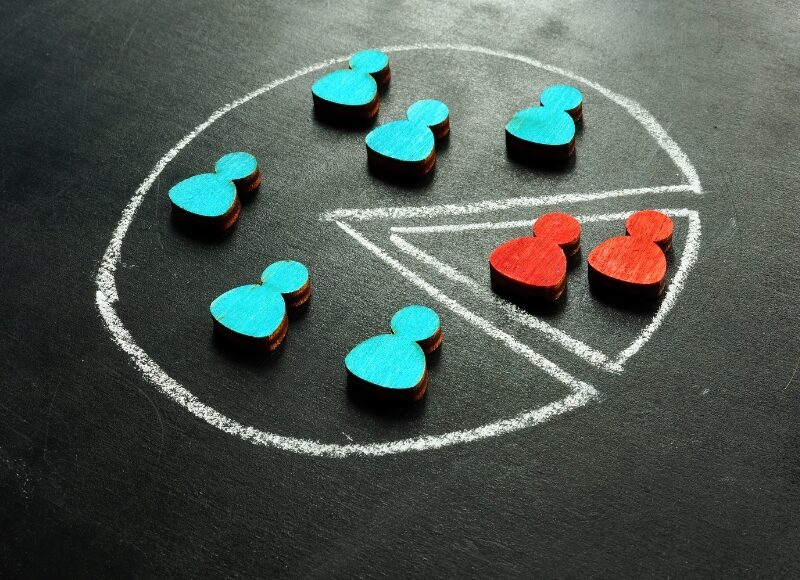 Segmented pie chart with blue and red figures for google ads targeting