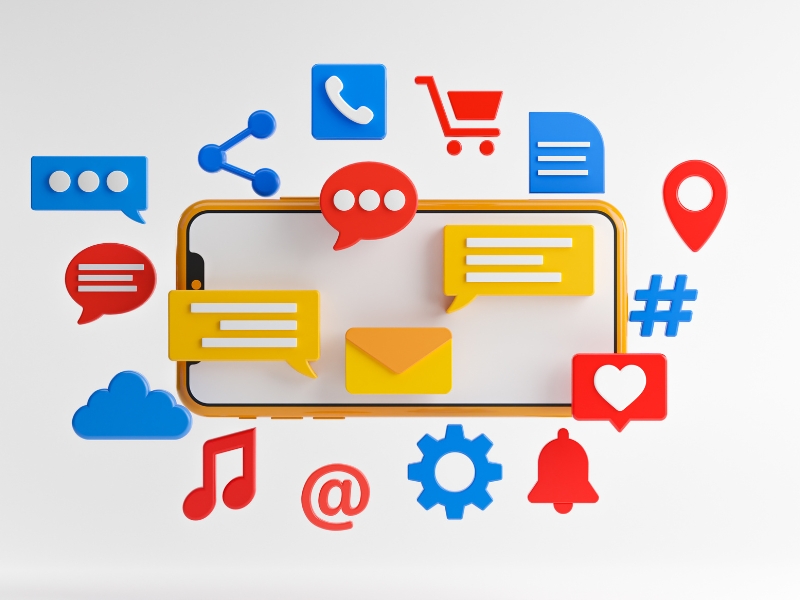 Social media marketing solutions shown with smartphone and colorful digital communication icons.