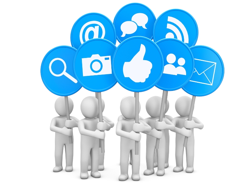 Social media marketing solutions represented by 3D figures holding blue digital icons.