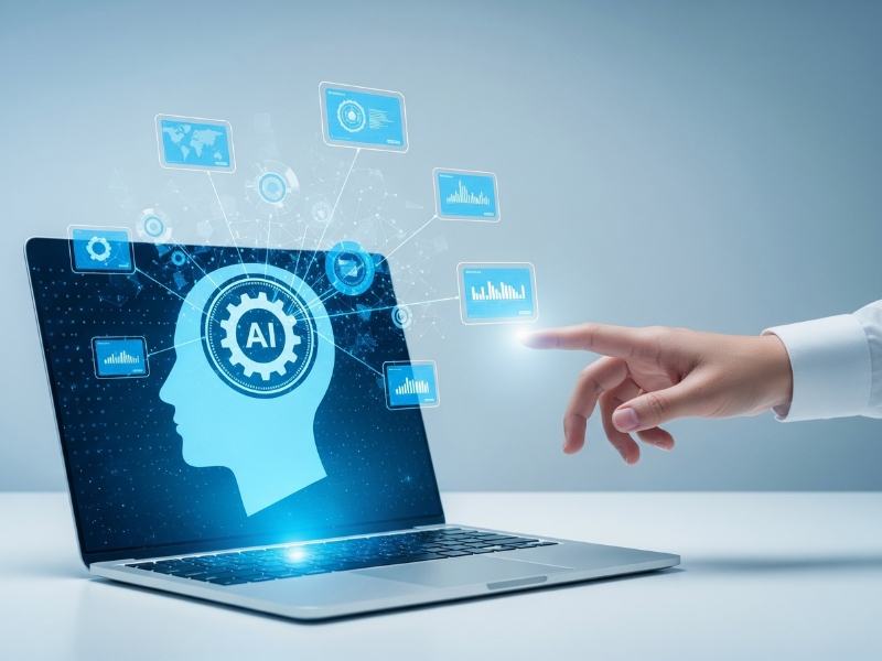 Hand pointing at laptop screen showing artificial intelligence interface, representing the use of Google Ads Assistant.