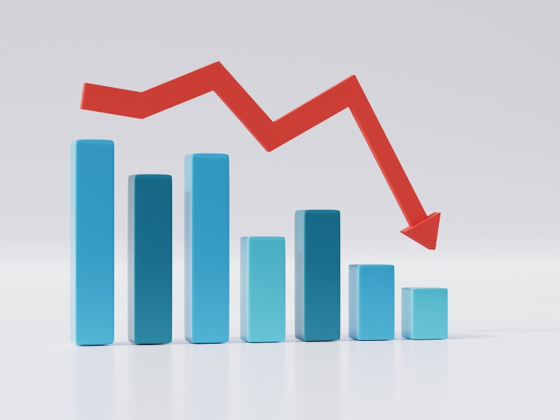 3D bar chart with red downward arrow symbolising poor ad performance before using Google Ads Assistant.