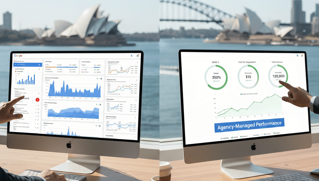 Sydney business owner reviewing Google Ads performance comparing DIY results against agency-managed campaigns.