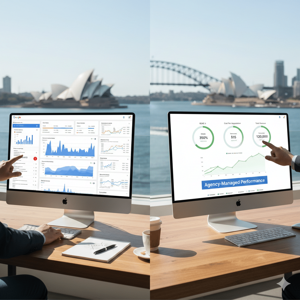 Sydney business owner reviewing Google Ads performance comparing DIY results against agency-managed campaigns.