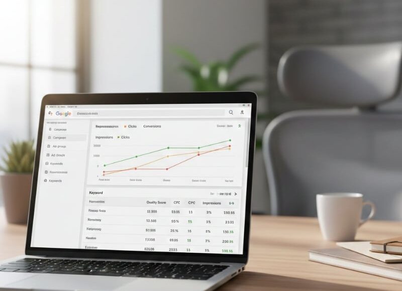 Google Ads dashboard showing Quality Score metrics on a laptop in a modern Australian office