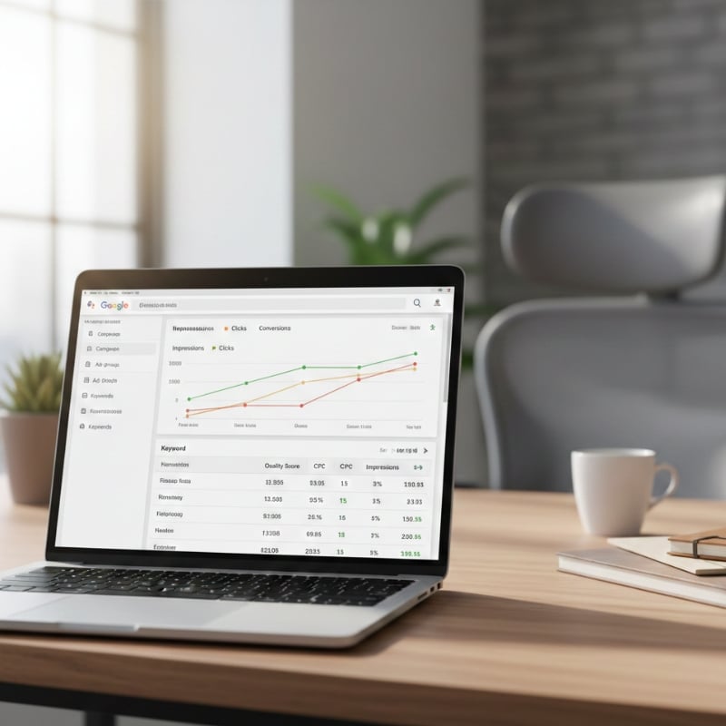 Google Ads dashboard showing Quality Score metrics on a laptop in a modern Australian office