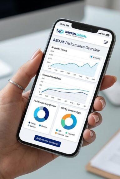 Mobile dashboard showing answer engine optimisation performance overview