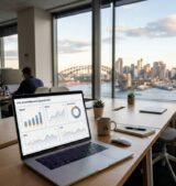 Laptop with advertising performance charts on a desk, with the Sydney skyline blurred in the background