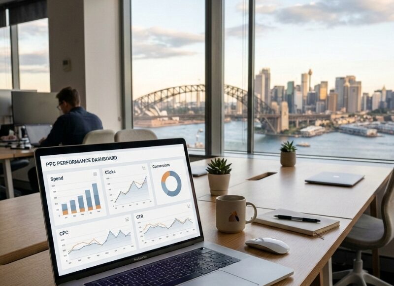 Laptop with advertising performance charts on a desk, with the Sydney skyline blurred in the background