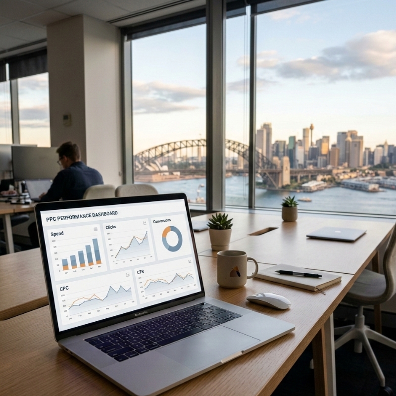 Laptop with advertising performance charts on a desk, with the Sydney skyline blurred in the background