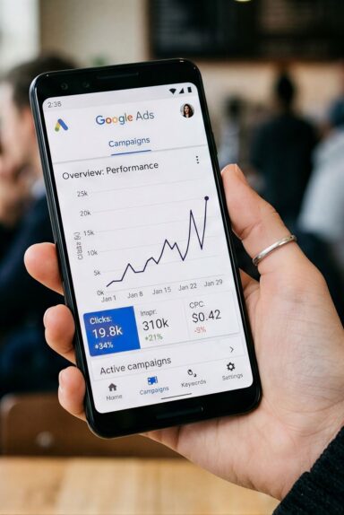 Mobile phone displaying Google Ads campaign performance and click data