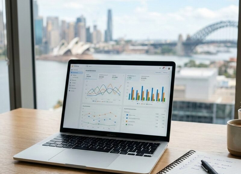 Laptop showing Google Ads performance metrics in a Sydney office setting.
