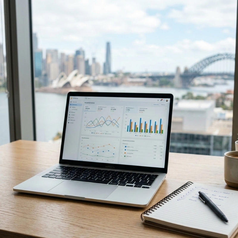 Laptop showing Google Ads performance metrics in a Sydney office setting.