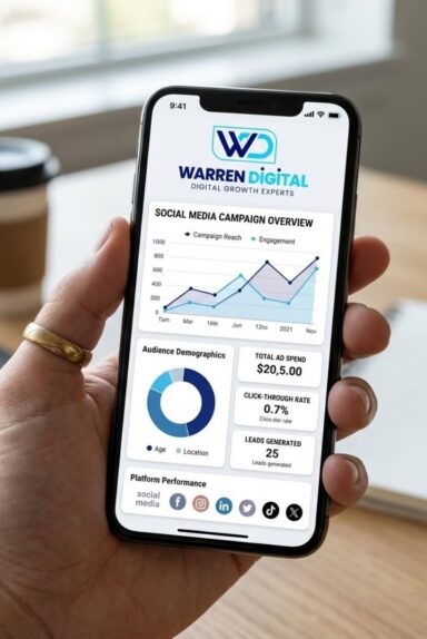 Phone showing social media campaign overview with engagement and lead metrics