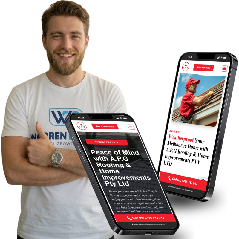 Warren Digital case study image showing APG Roofing website on mobile screens