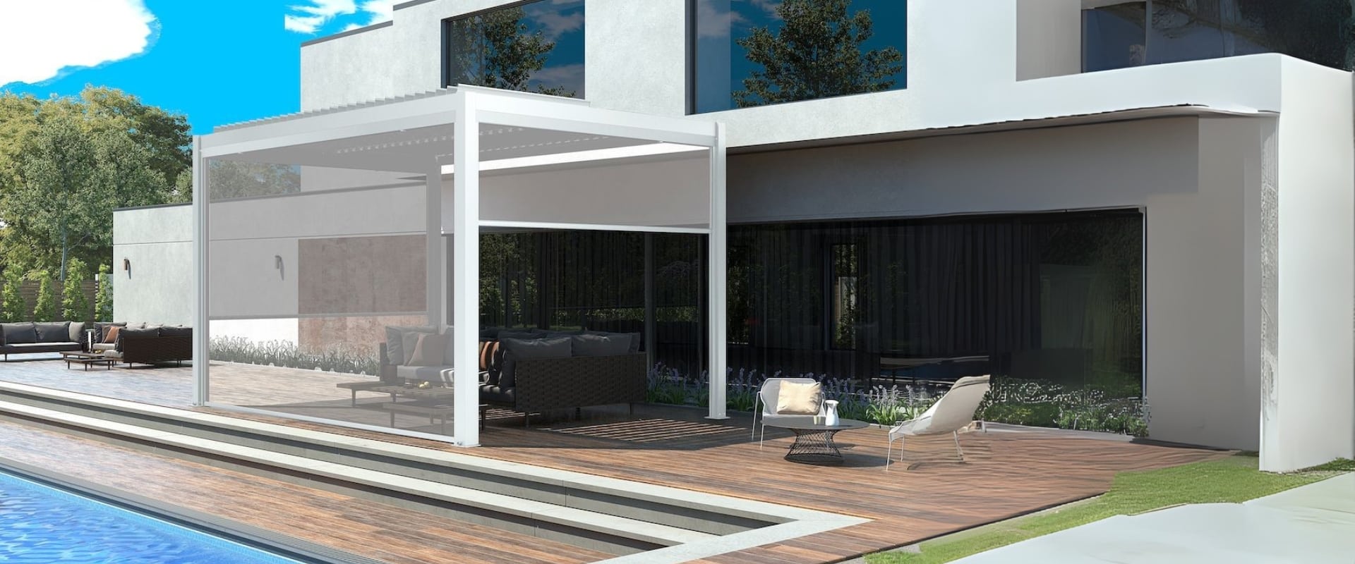 Modern white pergola beside a pool at a contemporary outdoor entertaining area