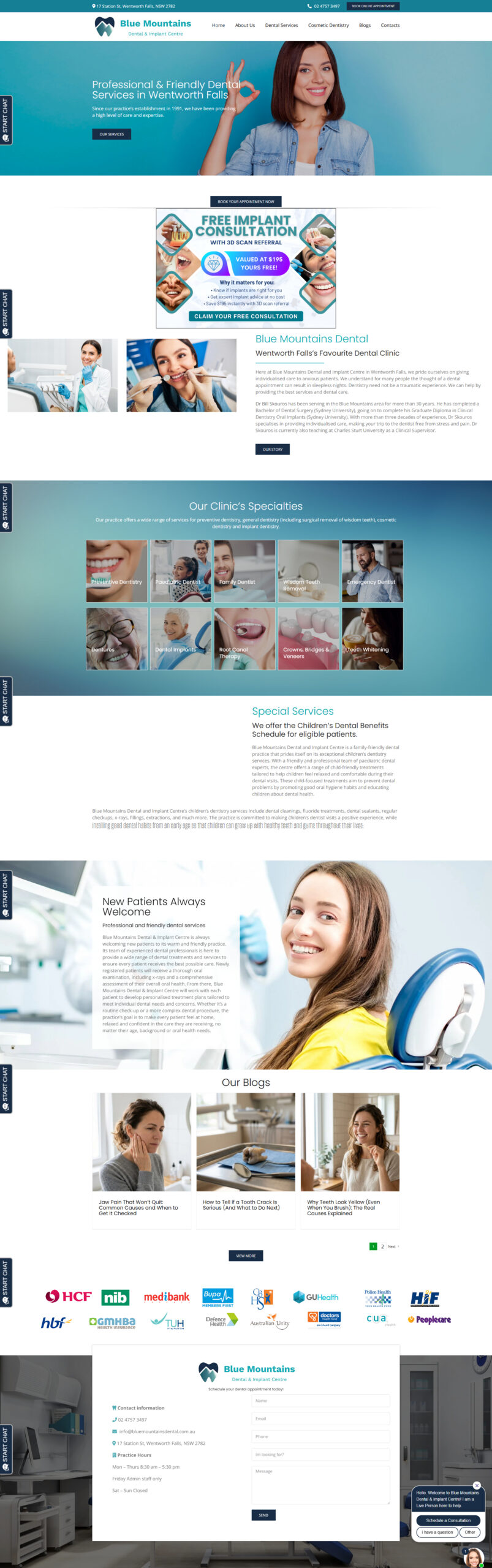 Blue Mountains Dental and Implant Centre homepage with services, blog posts and contact form