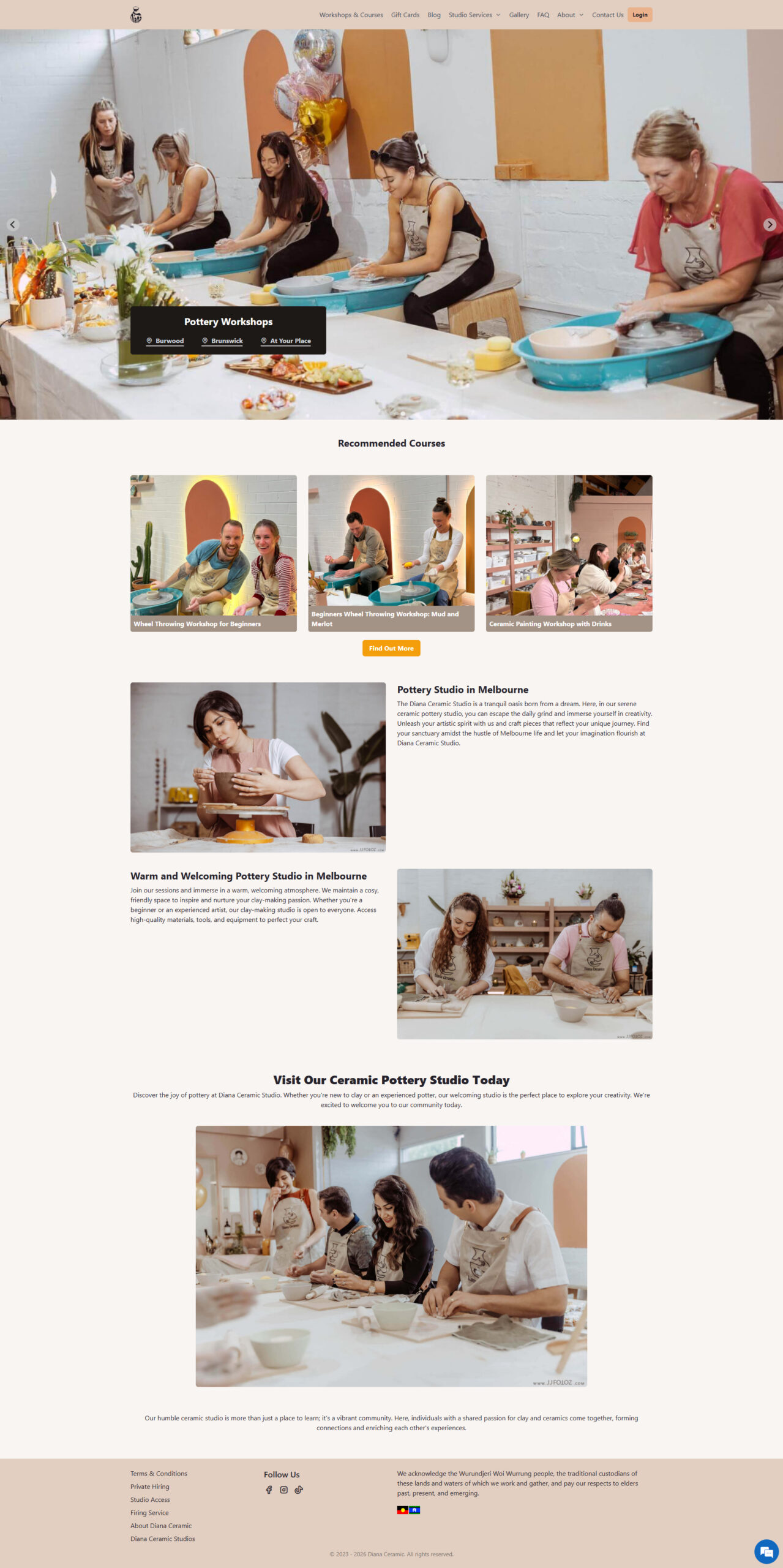 Diana Ceramic homepage showing pottery workshops, course cards and Melbourne studio content