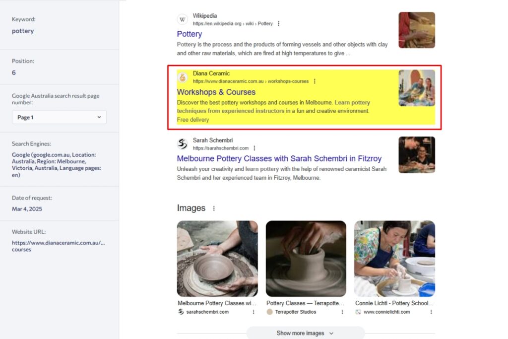 Search ranking screenshot for pottery ceramics classes near me in Melbourne