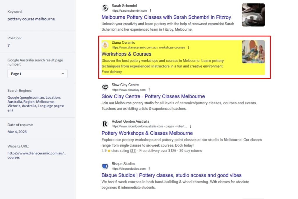 Search ranking screenshot showing Diana Ceramic workshops page for pottery in Melbourne