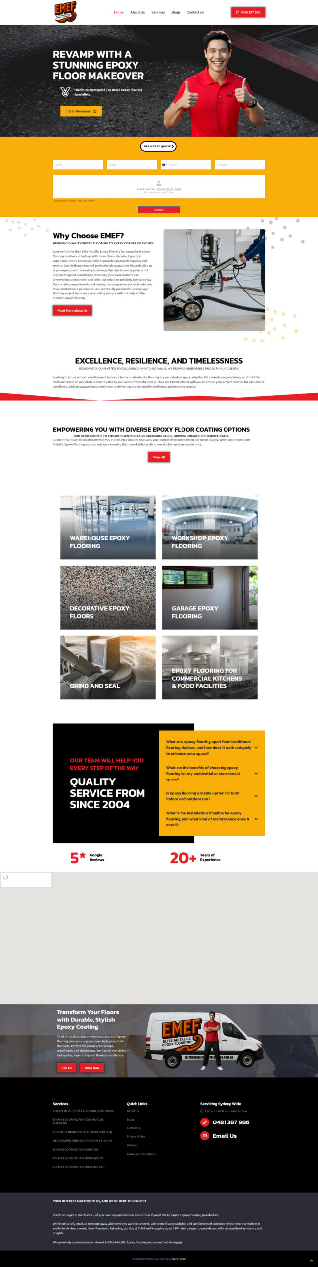 EMEF homepage showing epoxy flooring services, quote form and featured flooring categories