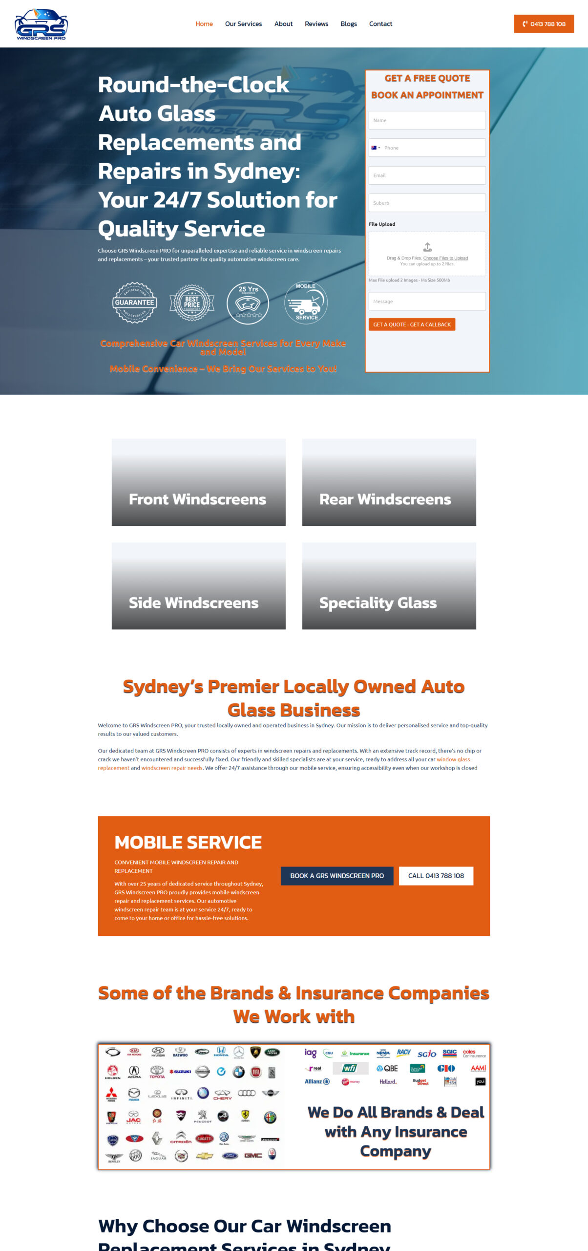 GRS Windscreen PRO homepage showing Sydney auto glass quote form and service sections