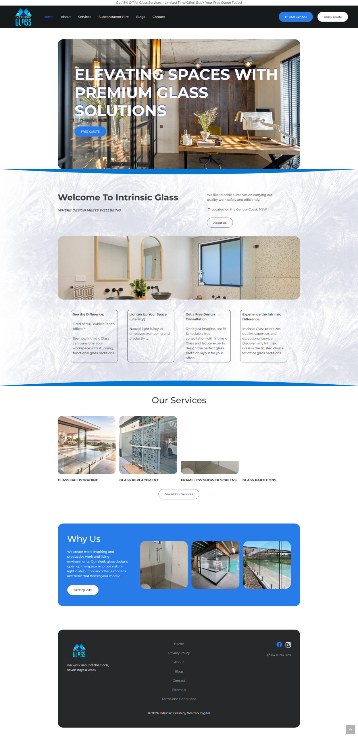 Intrinsic Glass homepage showing premium glass solutions, services and Central Coast business details